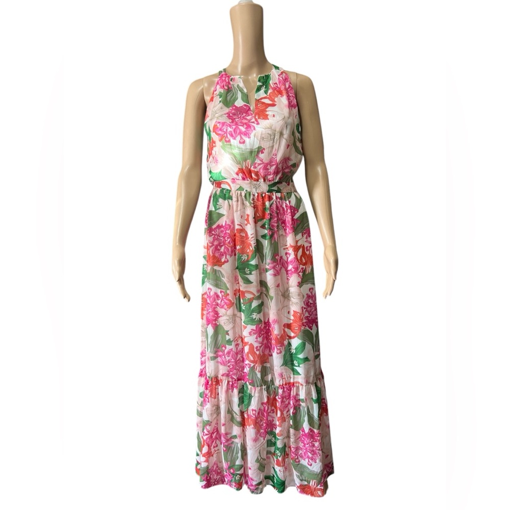 NWT CeCe Size 2 Halter Maxi Dress with Flounce Tiered Ruffle Hem Sleevel…